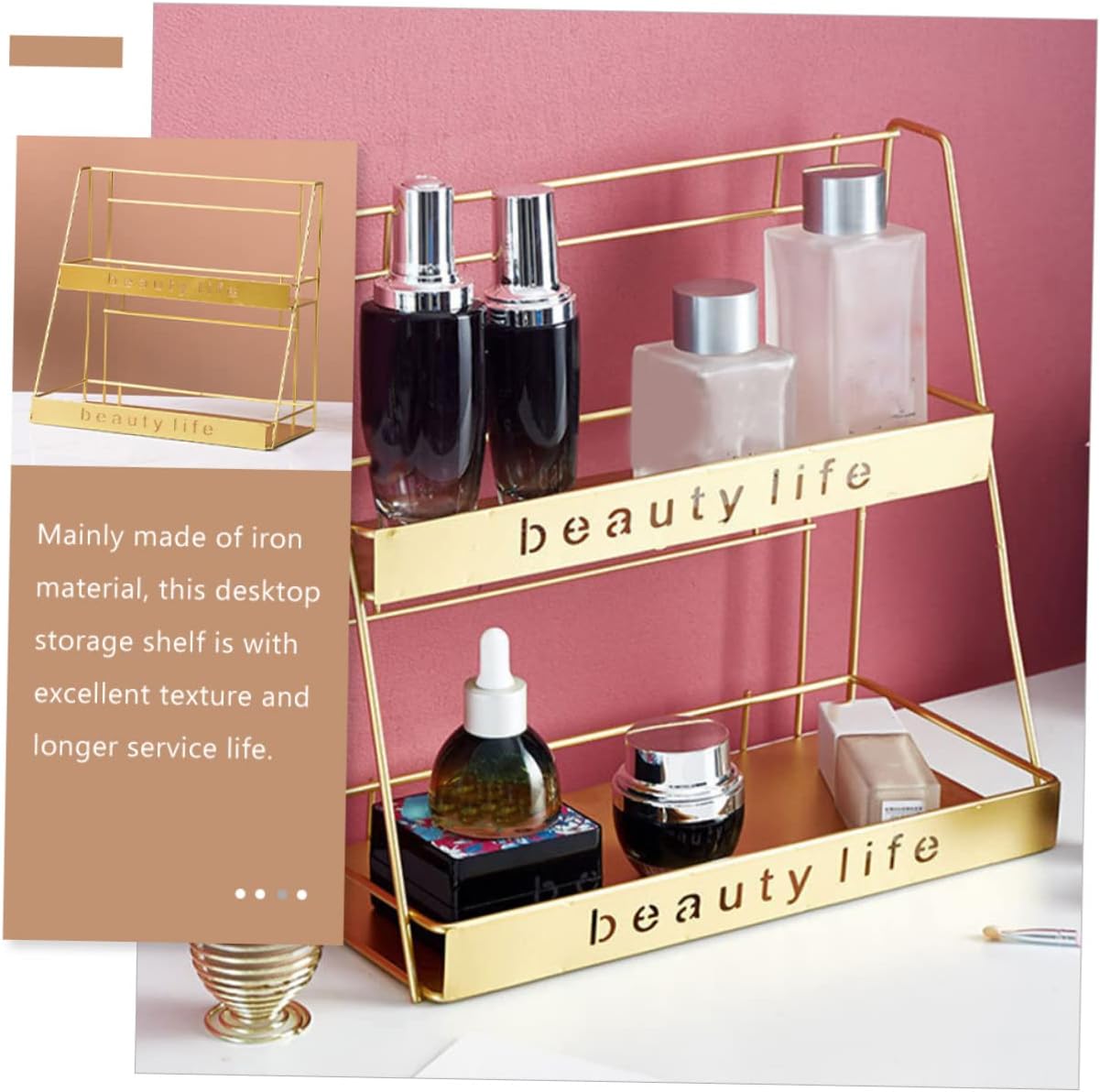 2-Tier Iron Cosmetics Storage Rack Adjustable Desktop Sundries Shelf for Bathroom Space-Saving Organizer for Makeup and Toiletries