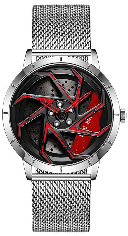 Image of FANMIS Men's Racing Car Wheel Watch 3D Spinning Dial Stainless Steel Watch | Creative 3D Spinning Car Quartz Large Skeleton Face and 30M Water Resistance Designed for Car Fans and Daily Wear.