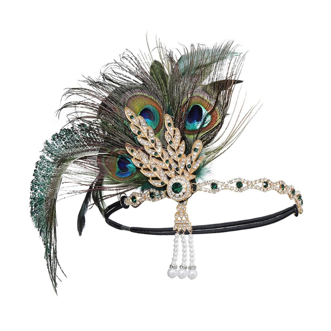 1920s Flapper Headband Headpiece Great Gatsby Accessories Women Gatsby Headband Roaring Fascinator Peacock Feather Headpiece Girls Vintage Themed Party Costume Gold Flapper Girl Hat Pearl Tassel