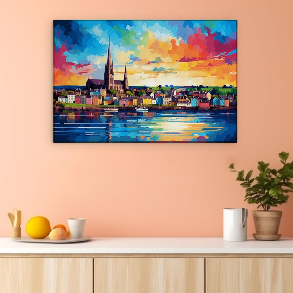 Canvas for Living room. Coastal Serenity at Dusk - Capturing the Enchantment of a Sunset Over a Colorful Town, 27 x 18 inch Canvas Wall Art - Contemporary Masterpieces - Modern Home Decor