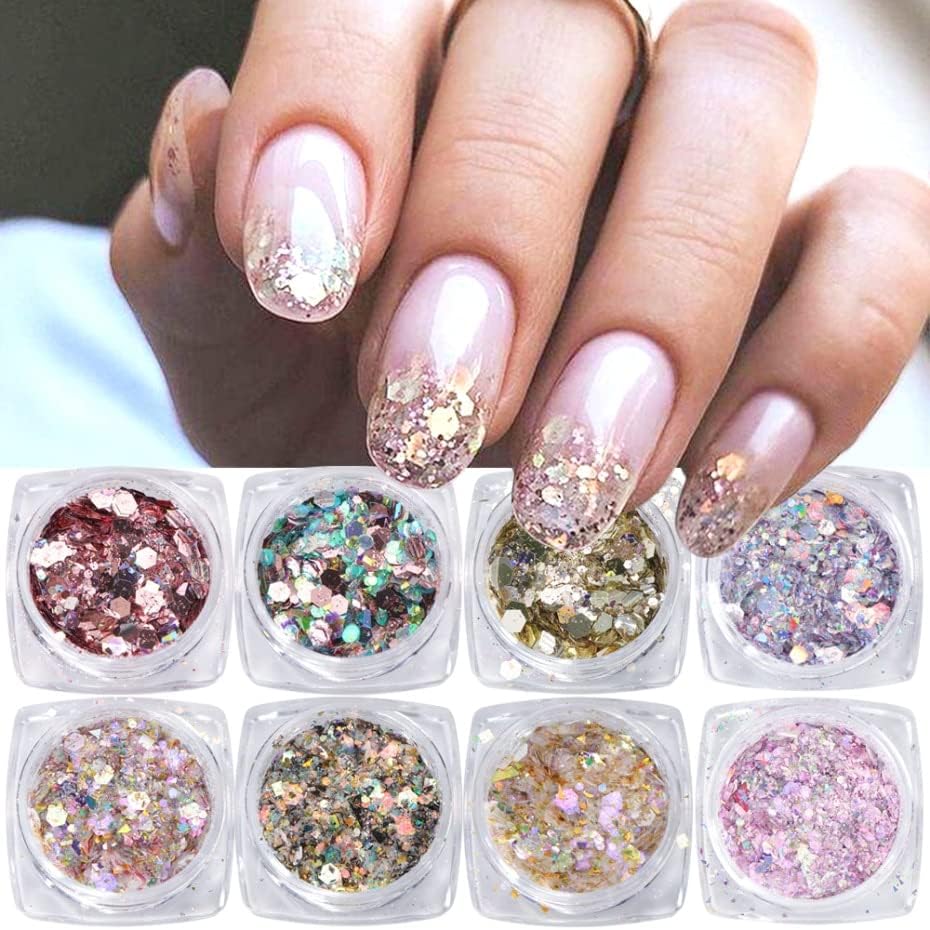 12Bottle Nail Sequins Set Holographic Broken Glass Glitter Flakes Mermaid Hexagon Chunky Paillette Decorations for Manicure Ladj