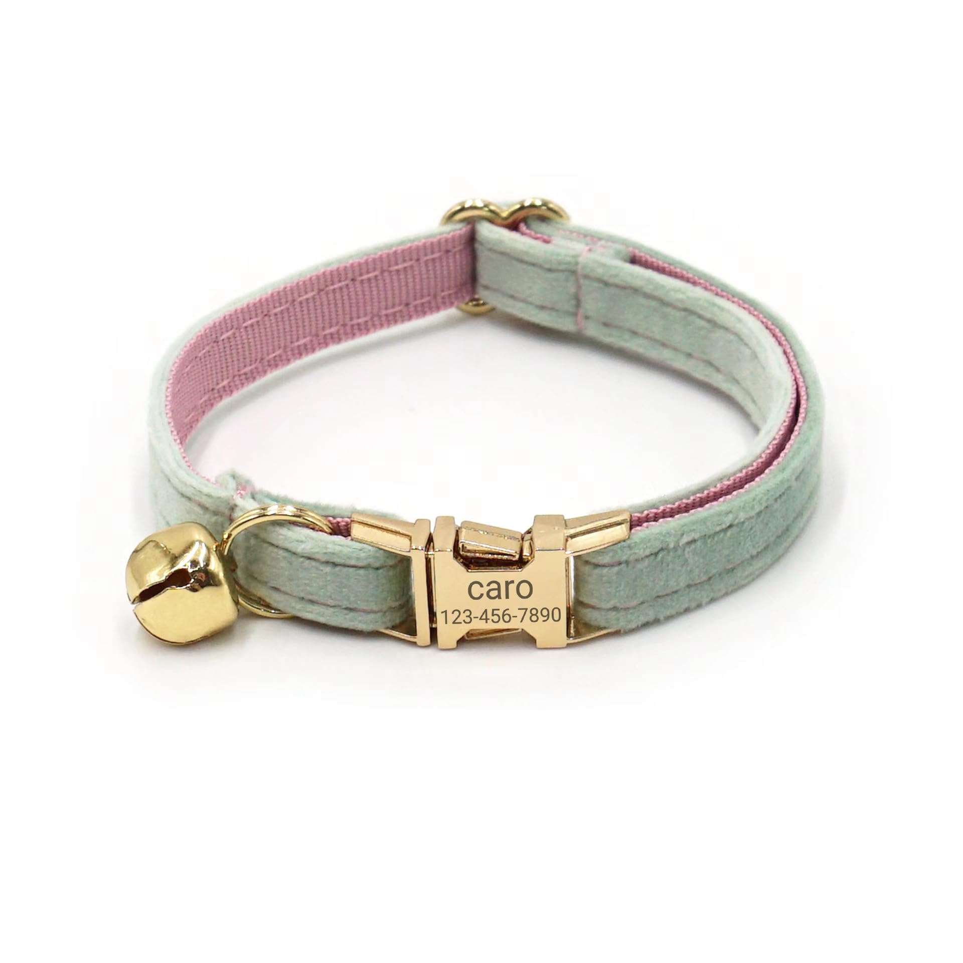 Customized Soft Artificial Velvet Cat Collar, Personalized Cat Tag, Laser Engraved Metal Button Cat Collar, Neck Circumference 0.6-1.2 inches (Mint Powder Green) — image 1