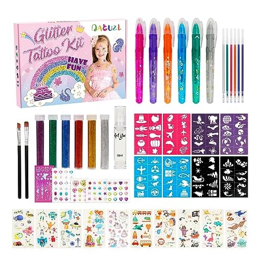 DAOUZL Kit de Tatuajes para Niñas,Tatuajes Temporales Niños con 6 Colores 80 Plantillas etc,Tatuajes Purpurina,Rotuladores Tatuajes niños,Regalo para Niños para Fiestas,Regalos Cumpleaños,Carnaval