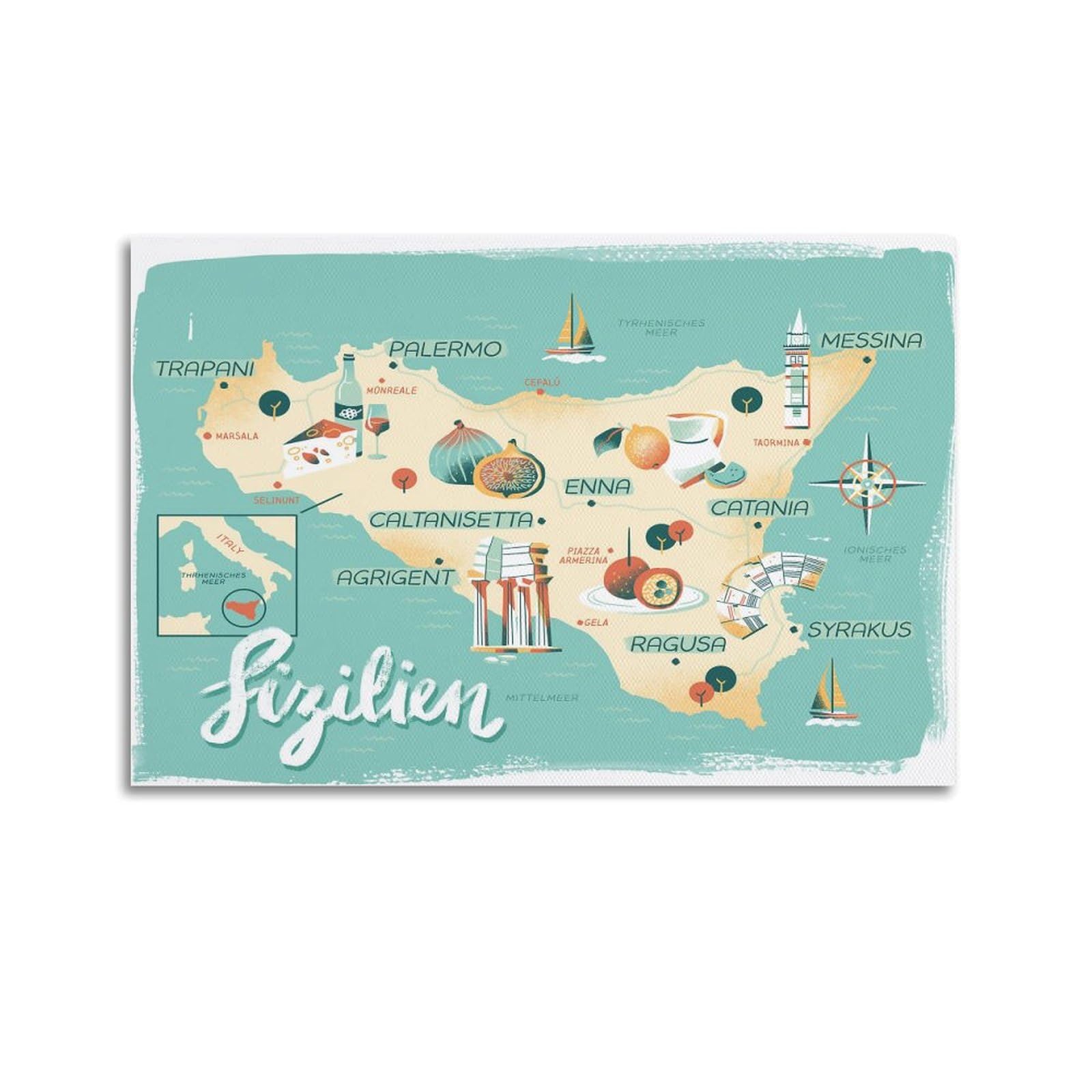 WALS Map Poster Europe Italy Sicily Decorative Canvas Family Bedroom Artwork Picture Painting 12x18inch(30x45cm)