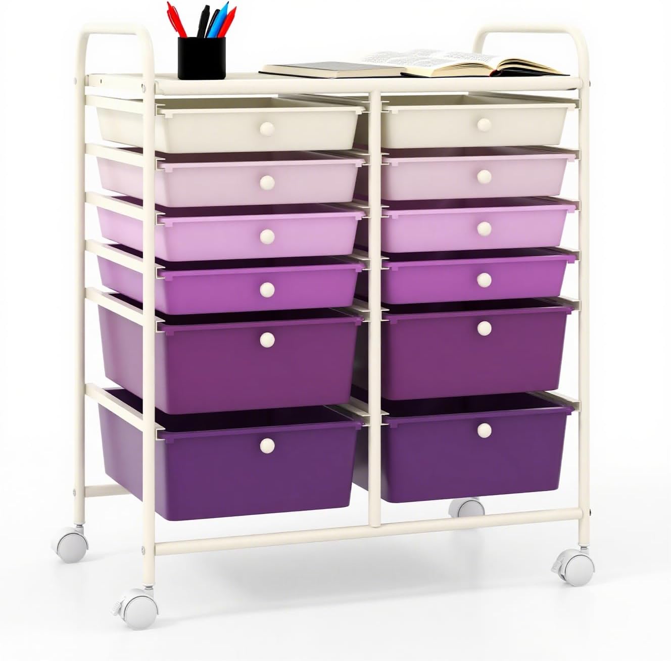 MAT EXPERT 12-Drawer Rolling Storage Cart, Mobile Utility Cart on Wheels, Removable & 2-Sized Storage Drawers for Home, Office, School,Paper Organizer (Purple)