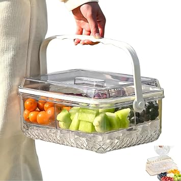 Ice Chilled Divided Serving Tray with Lid and handle Crystal Clear Large Fruit Ice Serving Tray for Outdoor Picnic Travel beach - Ice Chilled Party Platter for Fruits Vegetables Appetizers Salad
