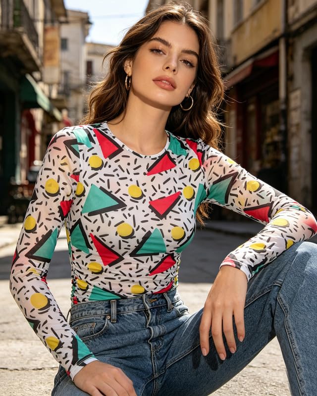 Image of 80s 90s Outfits for Women 80s Themed Party Sheer Top Retro Disco Sexy Going Out Tee 90s Streetwear Shirt
