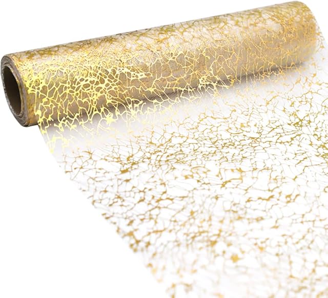 15M Metallic Table Runner Gold ,Wave Fibre Silk Roll Gift Floral DIY Wrapping Ribbon for Birthday Party Wedding Easter Valentine's Day Festival Baby Shower Table Decoration