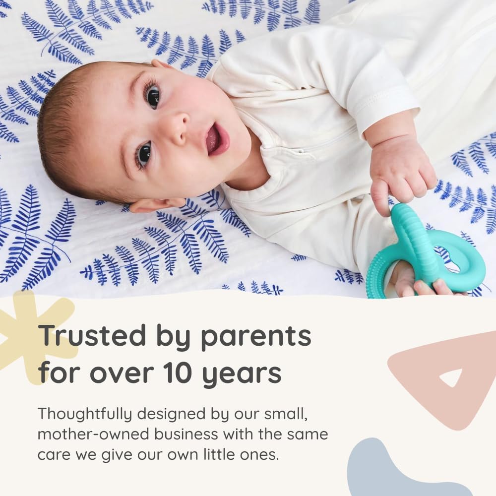 Margaux & May Organic Muslin Crib Sheet – 100% Organic Cotton, Fitted Crib Mattress Sheet, Soft & Breathable, Standard 28” x 52” Baby Crib Sheet, Blue Fern Print