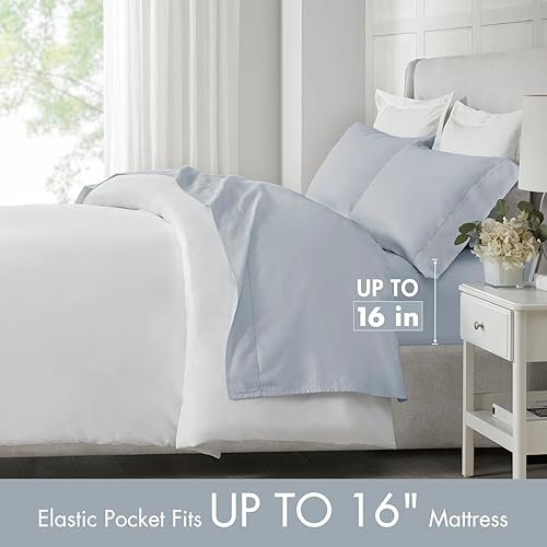 Miniatura 9 de Madison Park Sábanas de algodón egipcio, suaves y transpirables, de 500 hilos, juego de sábanas elásticas con bolsillo profundo para colchones de