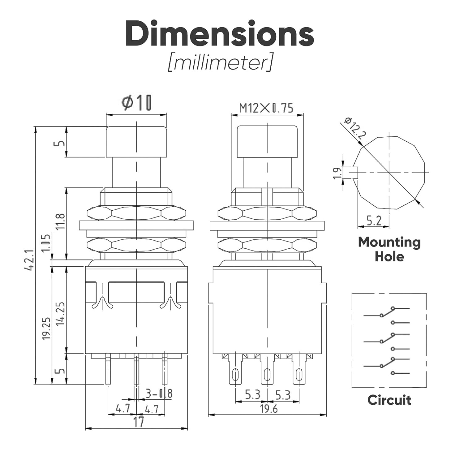 2-Pack Momentary Foot Switch, ON-Off 3PDT 9Pin 12mm/0.47" Heavy Duty 6A Self Lock Footswitch Push Button Switches for Guitar Effect Pedal
