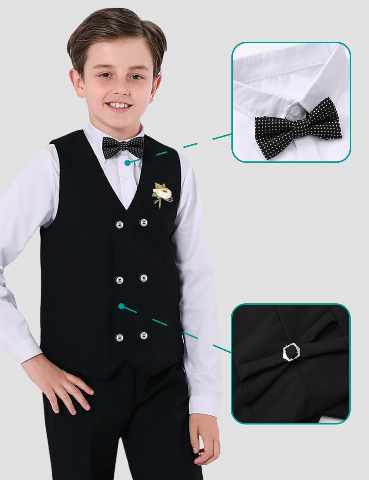 mintgreen Conjunto de trajes de 4 piezas para niños, chaleco de boda, camisa, pantalones y pajarita, 6-14 años