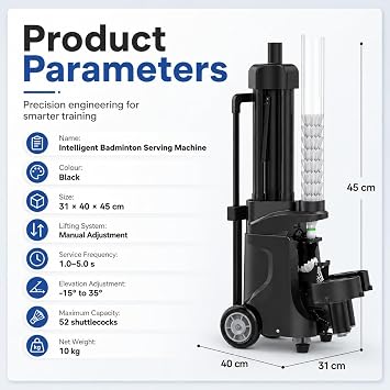 Portable Automatic Badminton Serving Machine with Wheels, Shuttlecock Feeder for Solo Training