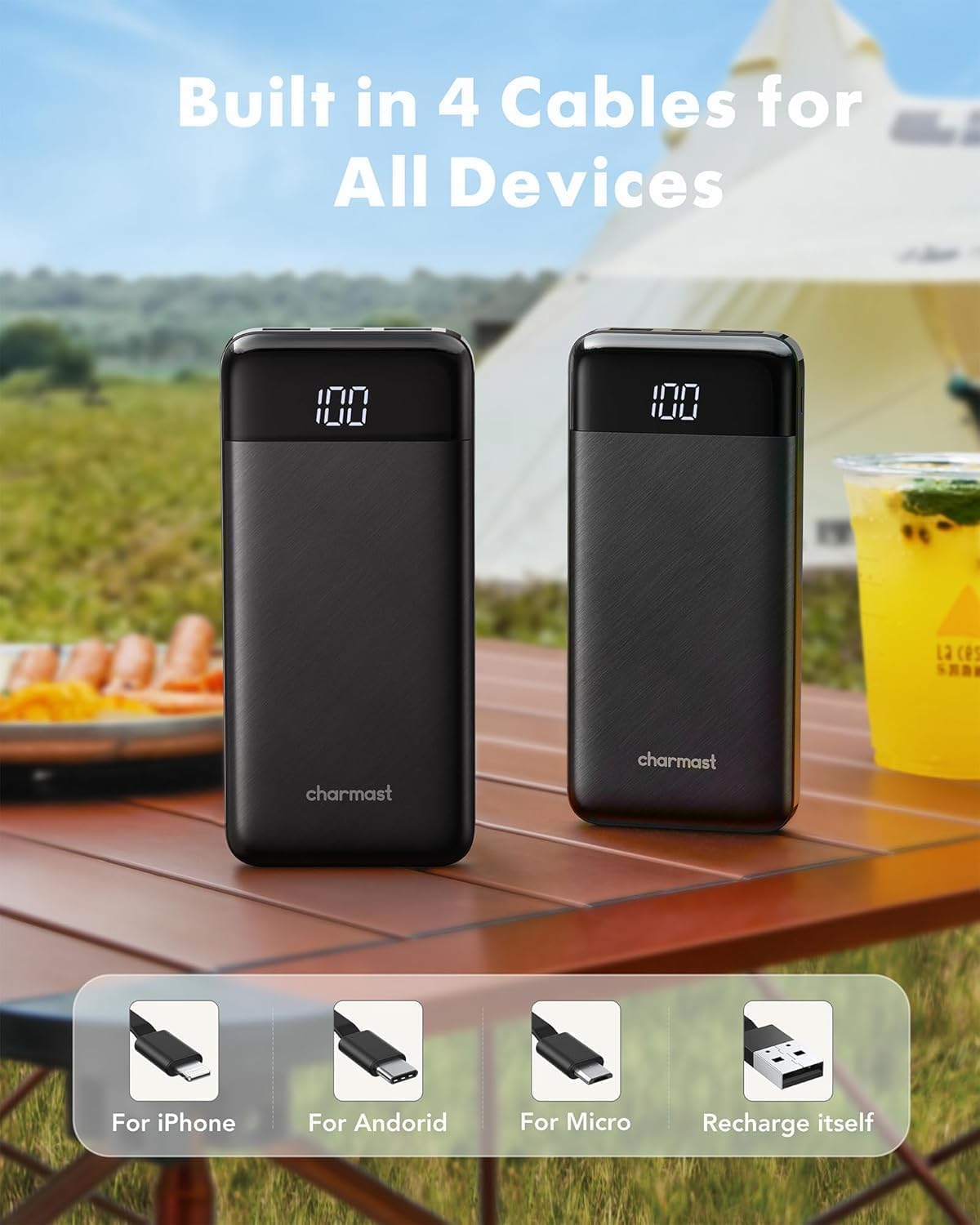 Charmast Power Bank 10000mAh con Cables Integrados, USB C Cargador Portátil 5V / 3A Powerbank Pantalla LED con 6 Salidas y 3 Entradas para iPhone Samsung Huawei Xiaomi — view 4