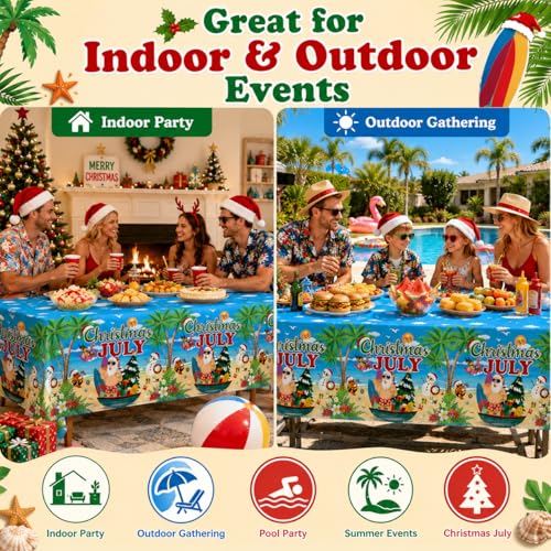 Image of tineit 3 Pieces Christmas July Decortions 54 x 108 Inch Plastic Tablecloth for Hawaiian Kalikimaka and Santa, Table Cover Gift Summer Pool Party Supplies | Hawaiian Kalikimaka Tablecloth, Perfect for Summer Pool Party Supplies, Durable Plastic