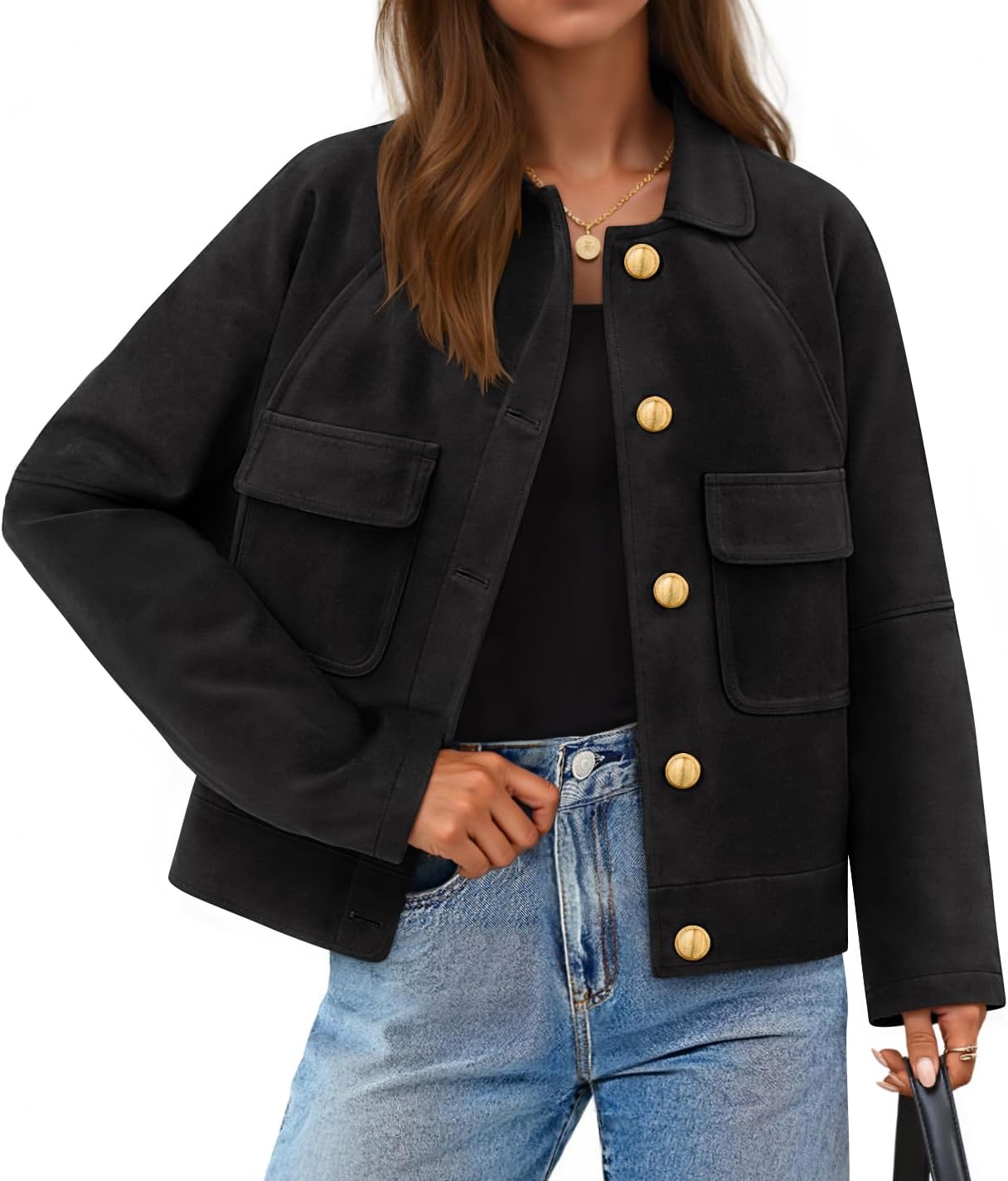 ZESICA Womens 2026 Spring Faux Suede Cropped Jackets Coats Casual Button Down Barn Vintage Trendy Shackets