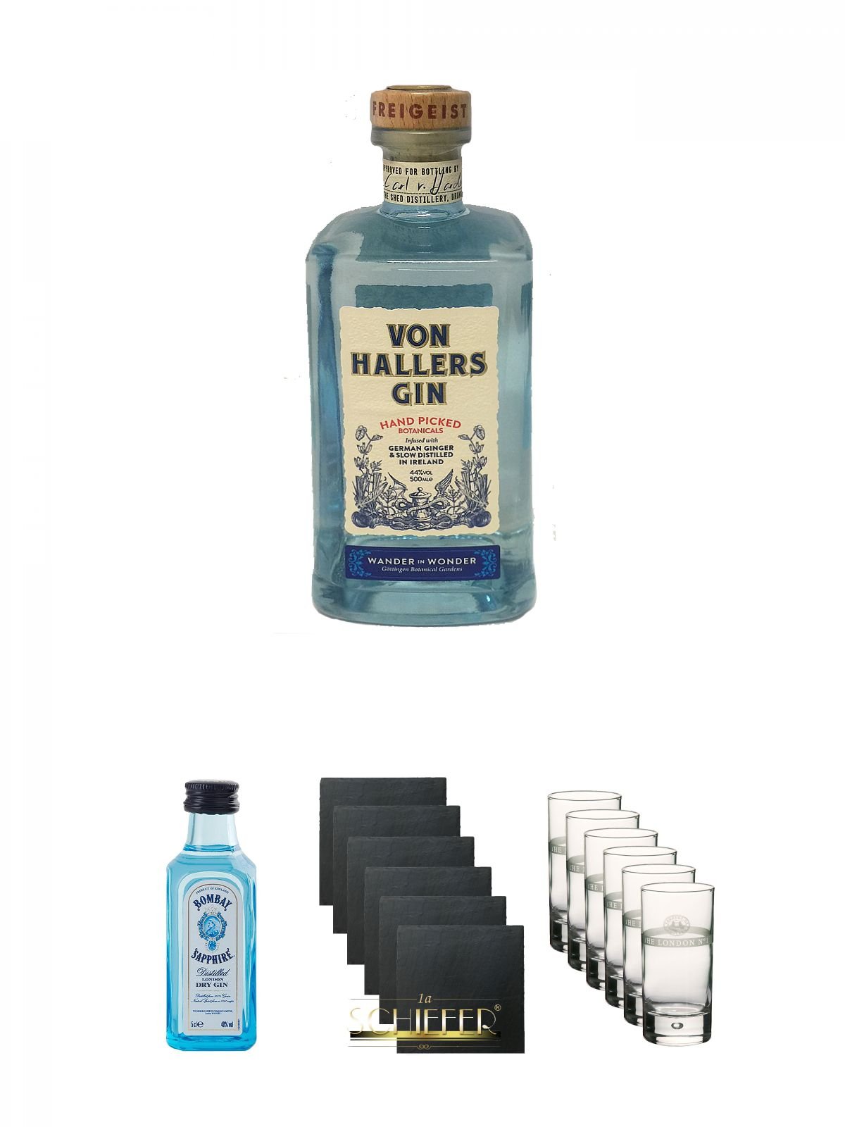 Von Hallers Gin 0,5 Liter + Bombay Sapphire Gin 5 cl Miniatur + Schiefer Glasuntersetzer eckig 6 x ca. 9,5 cm Durchmesser + The London No. 1 Longdrinkglas 6 Stück