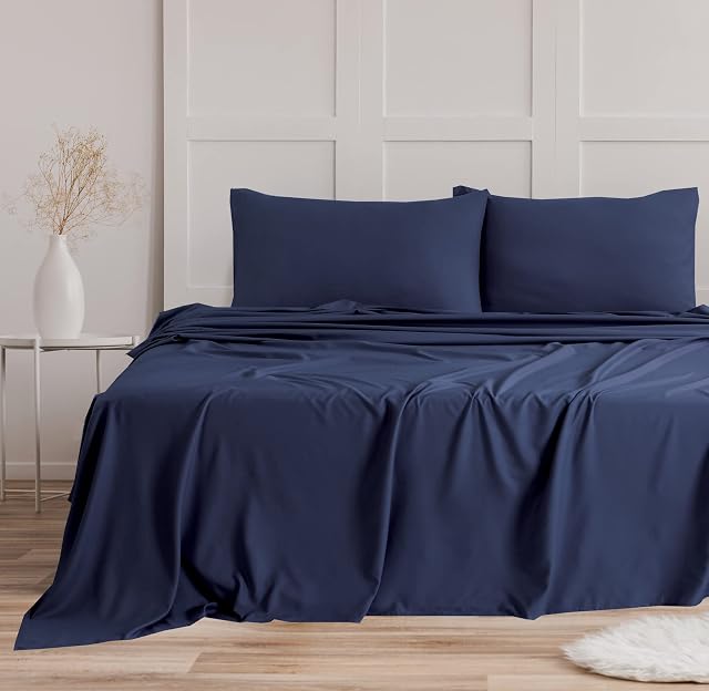 Bronwen Mathews Sheet Set Single 3Pcs - Easy Care Brushed Microfibre Super Soft Wrinkle Free Bedding Set- Flat, Fitted Sheets & Pillowcase (Single, Navy)