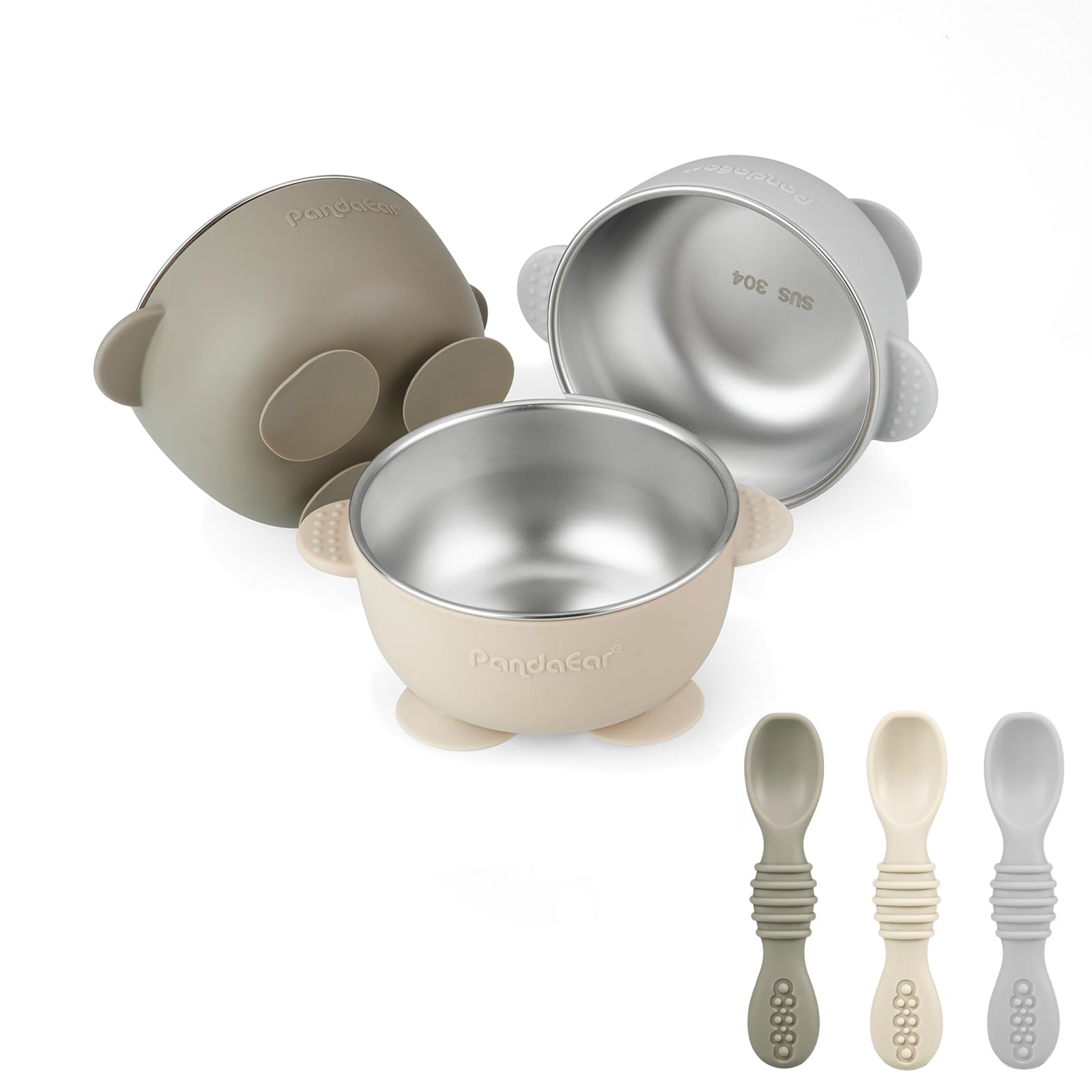 PandaEar 3 Pack Edelstahl Babysaugschalen &3 Babylöffel| Leckdichte Aufenthalts Silicon Food Bowl für Babys Kinder Kleinkinder Säuglinge | Lebensmittelqualität weiches BPA-freies
