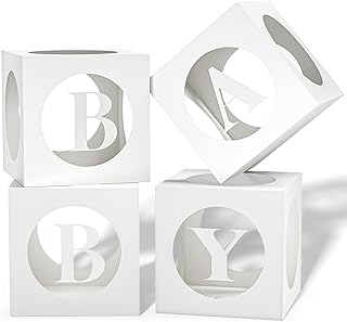 Baby Boxes with Letters for Baby Shower, White Clear Small Balloon Boxes with 4 Letter for Boy or Girl Gender Reveal Decorations, Baby Shower Decorations Blocks and Birthday Party Decor (4 Pcs)