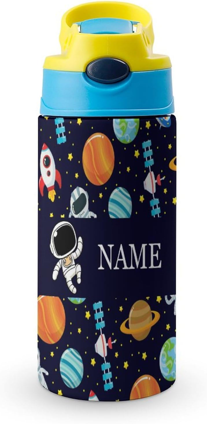 Custom Astronaut Galaxy Planets Kids Water Bottle Personalized Name Water Bottle with Leak-Proof Straw Lid Customized Stainless Steel Insulated Cup for Girls Boys