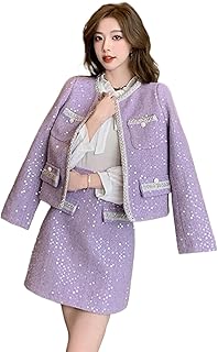 Conjunto de dos piezas de tweed morado para mujer, otoño e invierno, chaqueta con cuentas y falda de cintura alta, conjuntos de 2 piezas