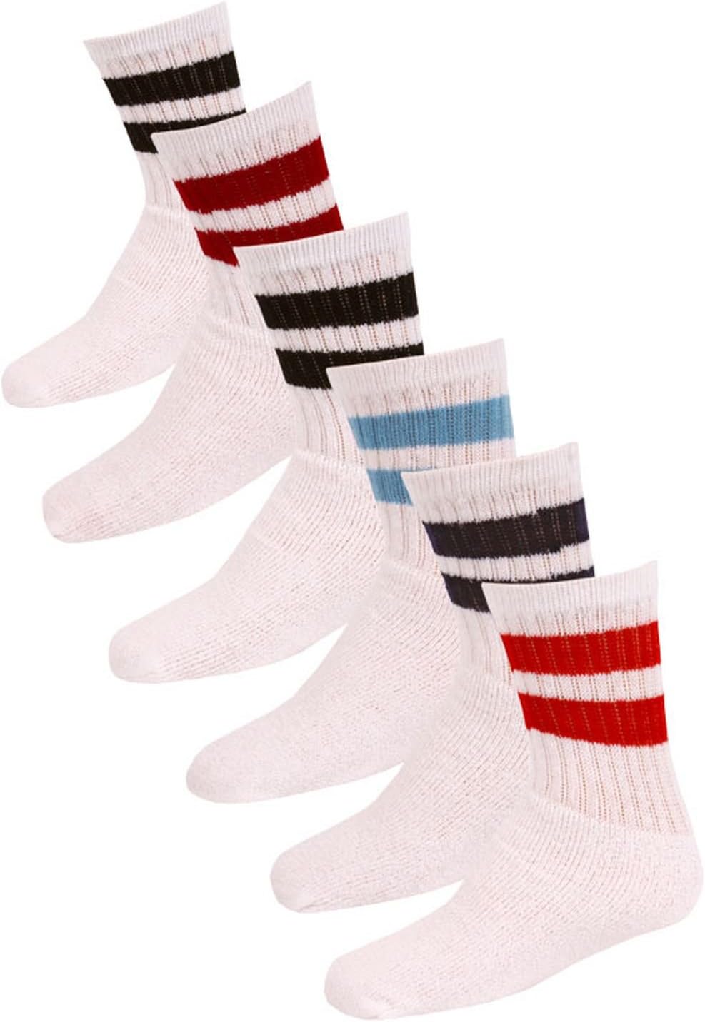Little Boys' Excell Stripe Tube Socks 6 Pairs Size 4-6 Black, Light Blue, Dark Red, Navy, Black, Bright Red
