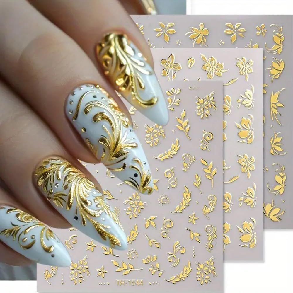 3Sheets Gold Nail Art Stickers 3D Self-Adhesive Nails Sticker Flower Nail Art Decals Holographic Golden Floral Leaves Nails Decal Decoration for Women Blossom Manicure Tip DIY Nail Sticker Supplies