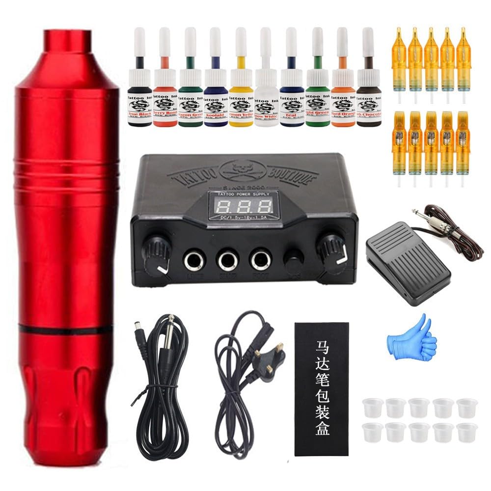 Complete Red Tattoo Pen Kit for Beginners 10 tattoo Needles and 10 Color Inks 1 Skull head Tattoo Power Supply Foot Padel and Tattoo Accessories