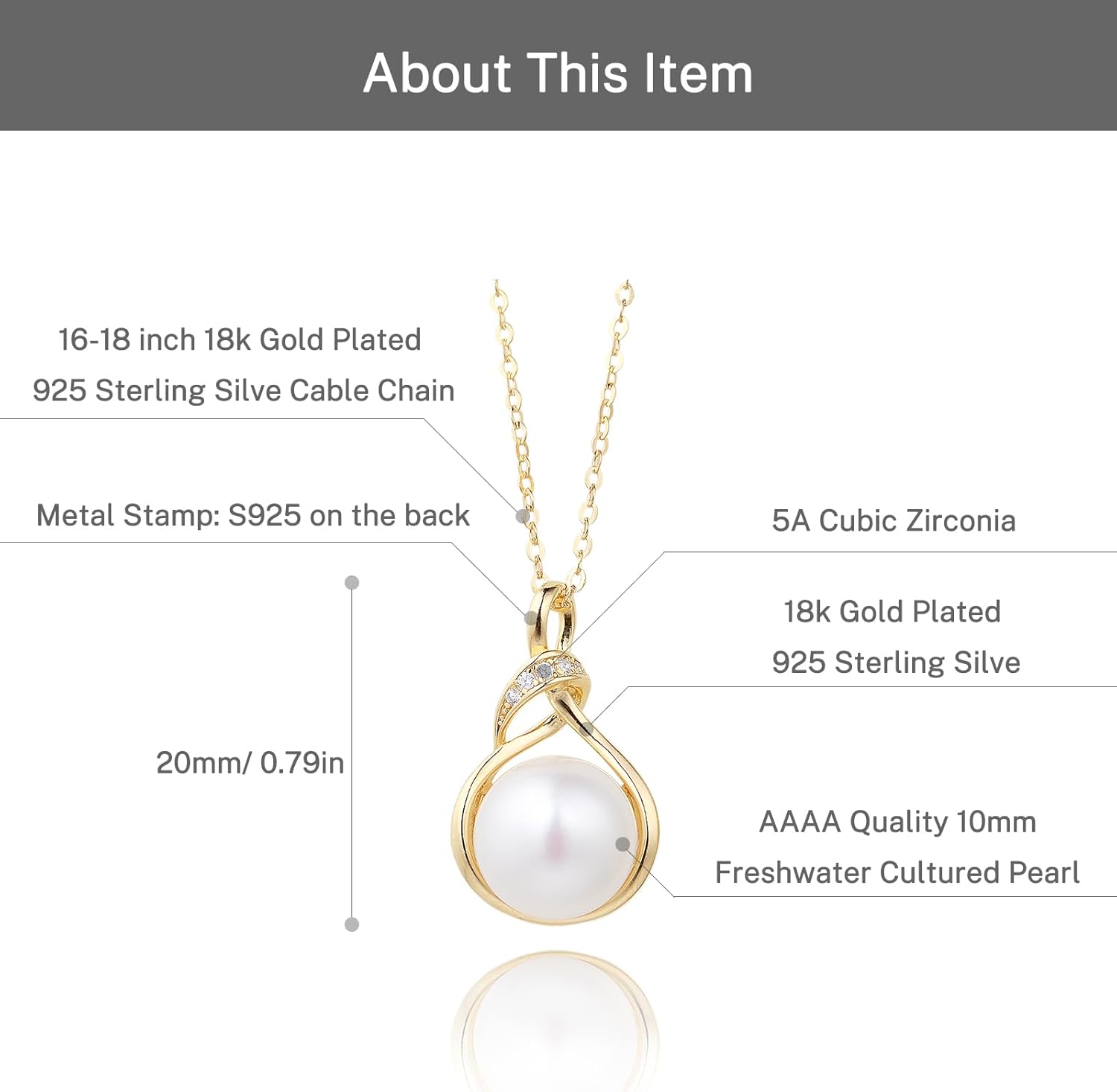10mm Freshwater Cultured Pearl Pendant Necklaces 925 Sterling Silver Jewelry for Women 16-18 inch - Image 5