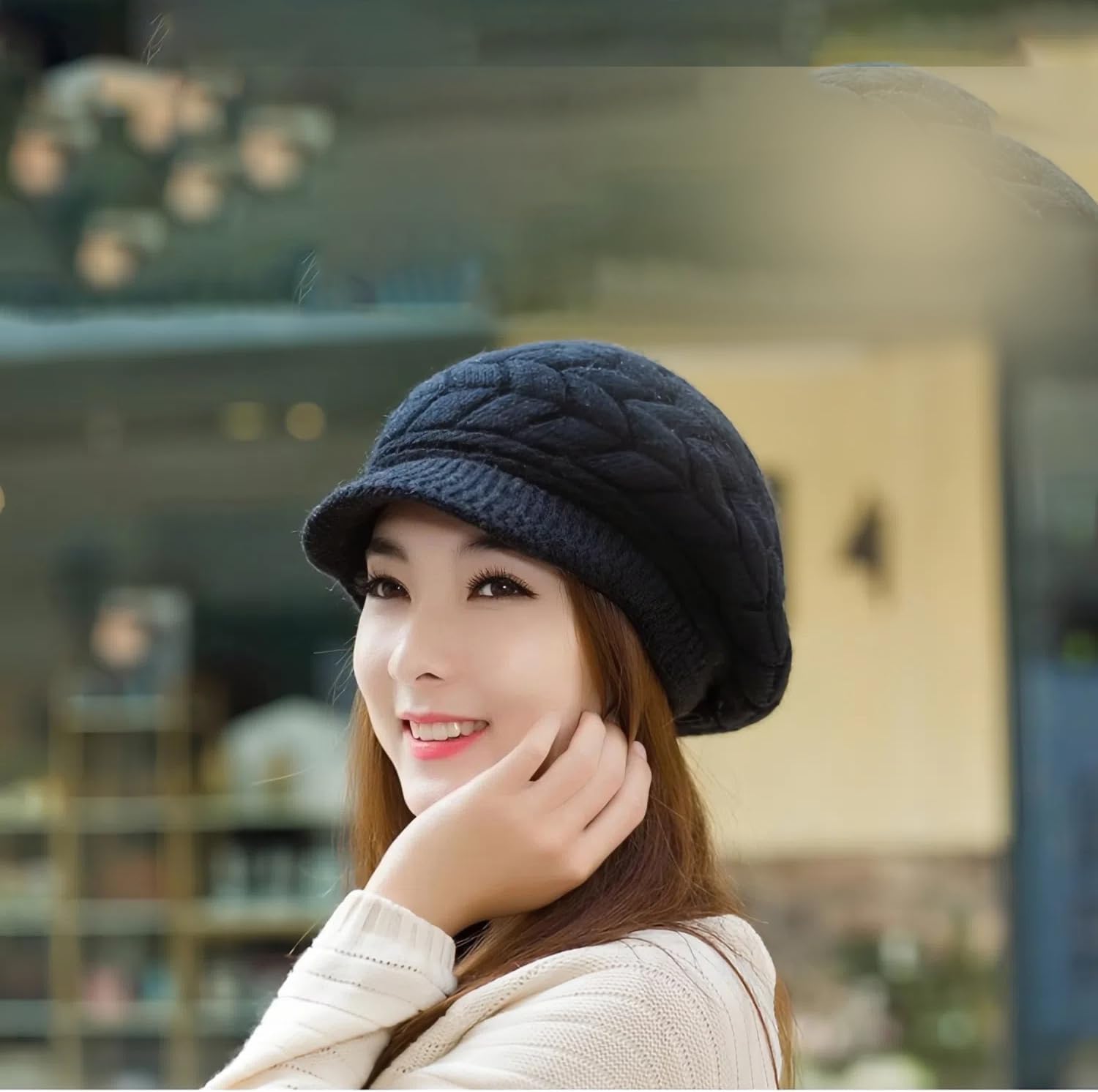 Women’s Winter Knit Hat with Visor Thick Warm Beanie Hat Plush Lined Snow Ski Outdoor Cap Crochet Newsboy Cap (Beige) - Image 5