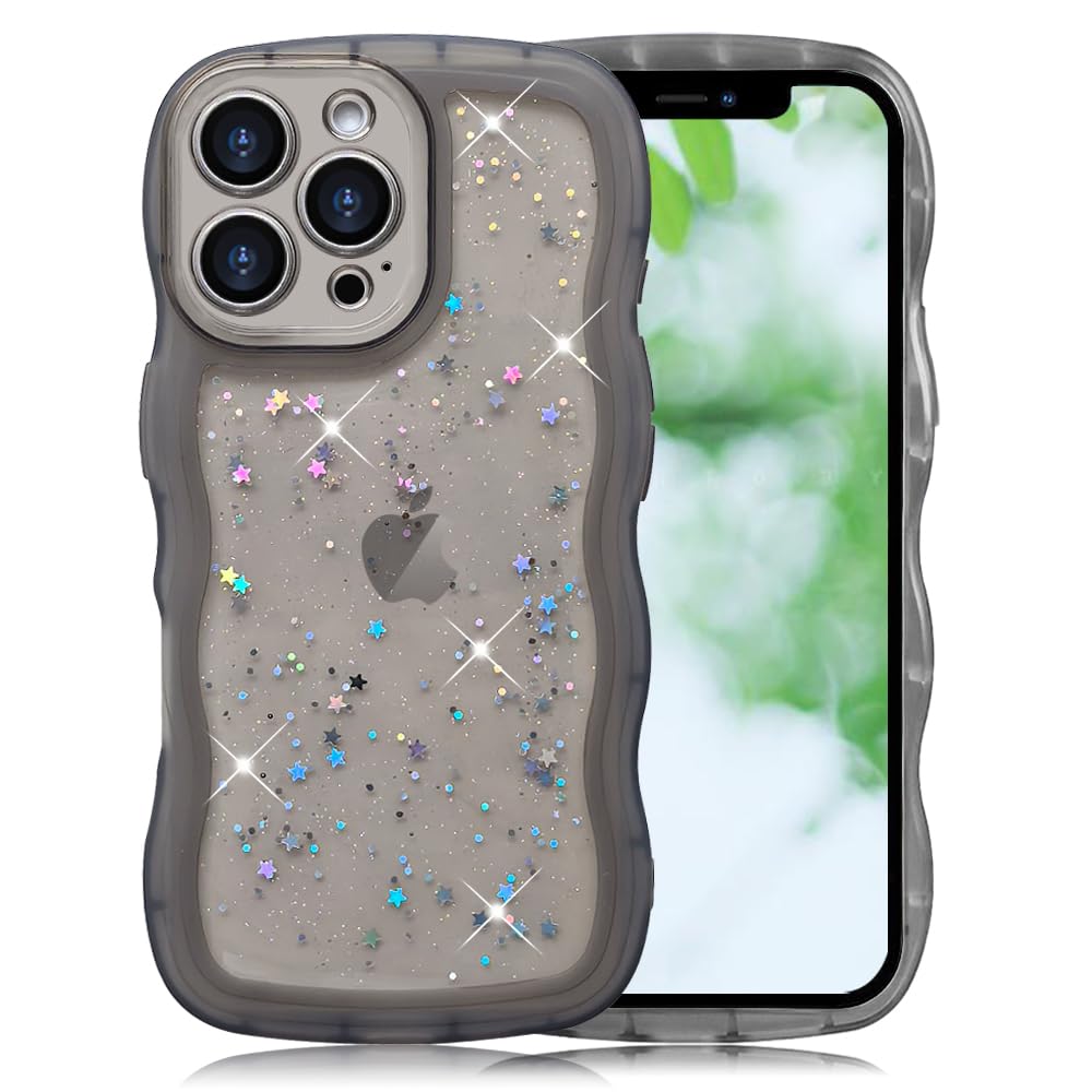 YUYIB スマホケース 対応 iPhone16 Pro Max ケース クリア キラキラ かわいい tpuソフトケース 薄型 傷防止背面 滑り止め 指紋防止 ストラップホール付き スマホケース アイホン16プロマックス カバー (透明黒)