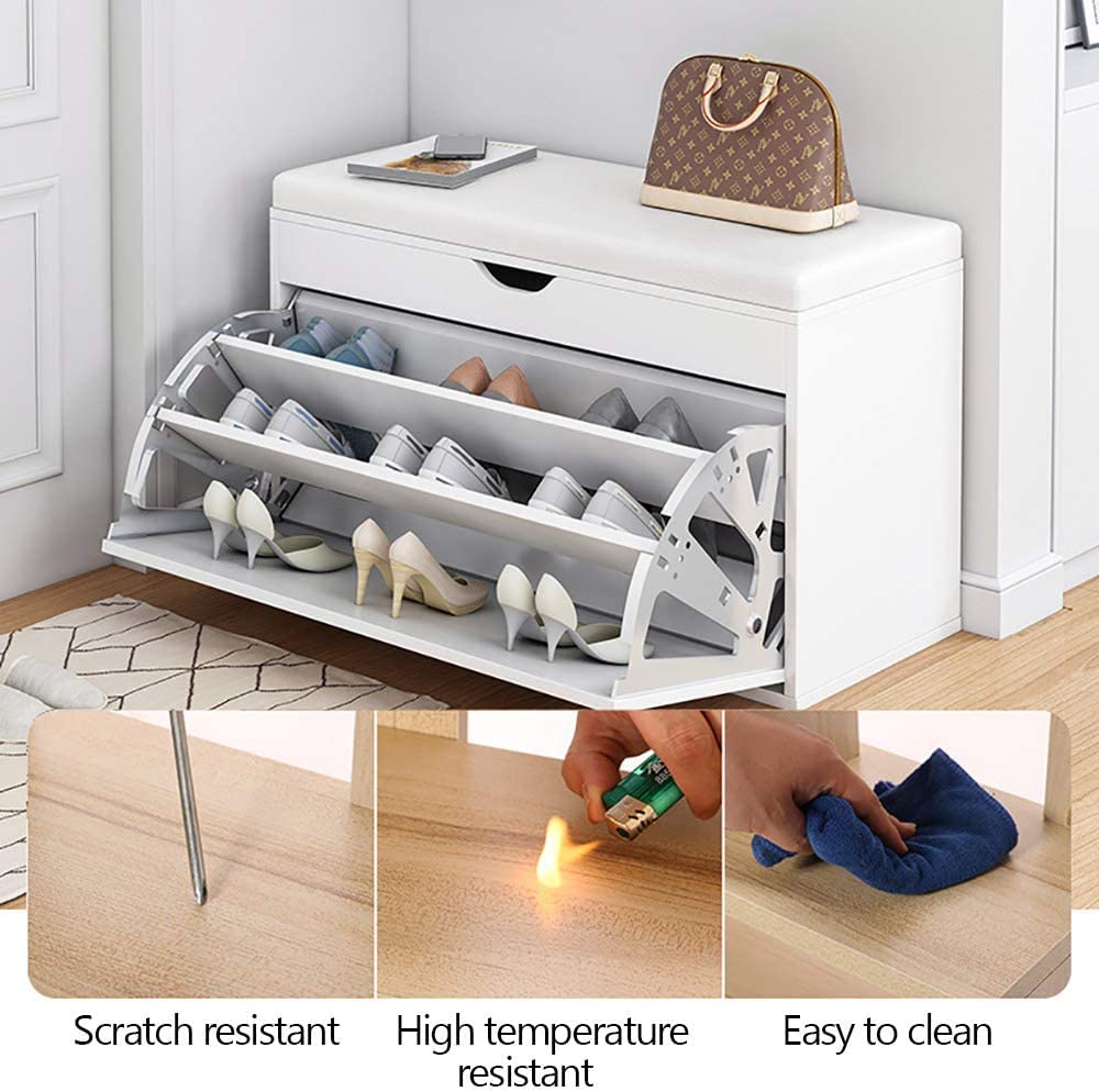 Shoe Storage Bench with Hidden Shoe Rack,Leather Entryway Shoe Bench