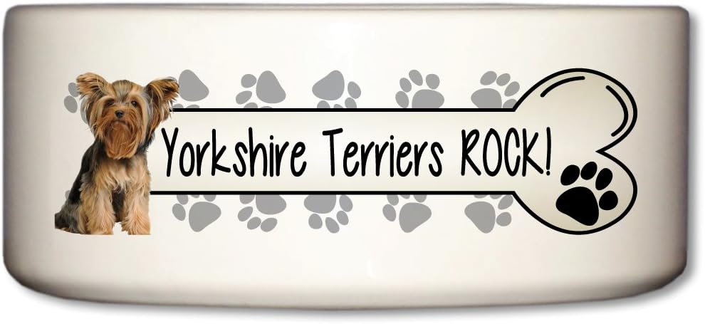 VictoryStore Pet and Dog Food Bowl - Ceramic Dog Bowl - Yorkshire Terriers Rock - Paw Prints Design