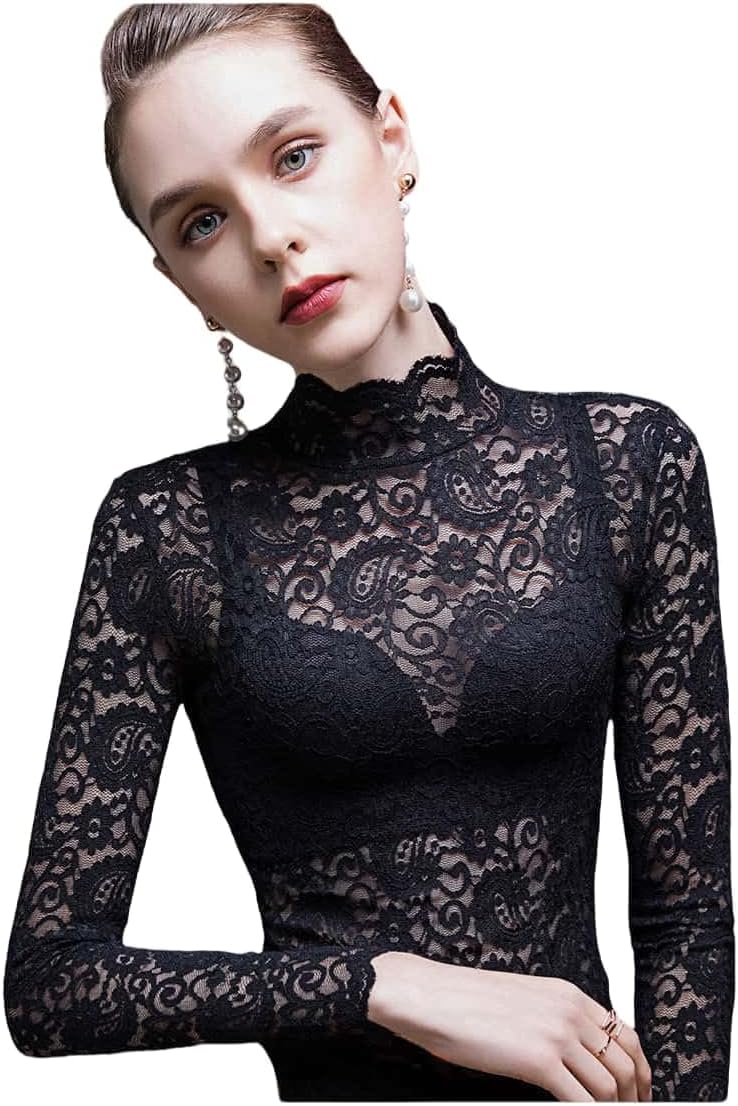 Women's Sexy Slim Fitting Long Sleeved Turtleneck Pullover Bottom Shirt Mesh Lace Perspectives T-Shirt Top - Image 6