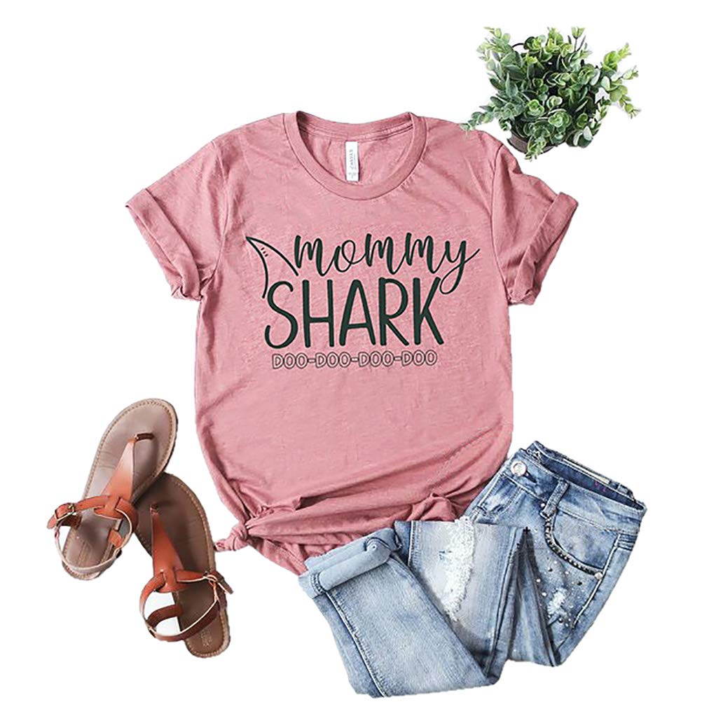 Womens Mommy Shark Shirt for Women Gift Short Sleeve Crew Neck Pink Graphic Printed Tees Tops