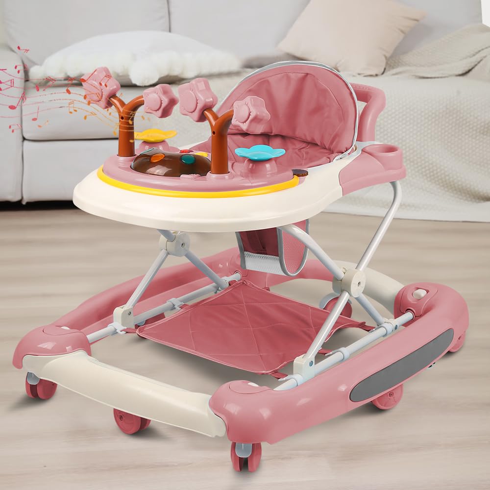 Składany chodzik dla niemowląt, chodzik dla niemowląt, 4 w 1, 5 ustawień wysokości, uchwyt do pchania, muzyka, taca do serwowania, 67 x 75 x 85 cm różowy
