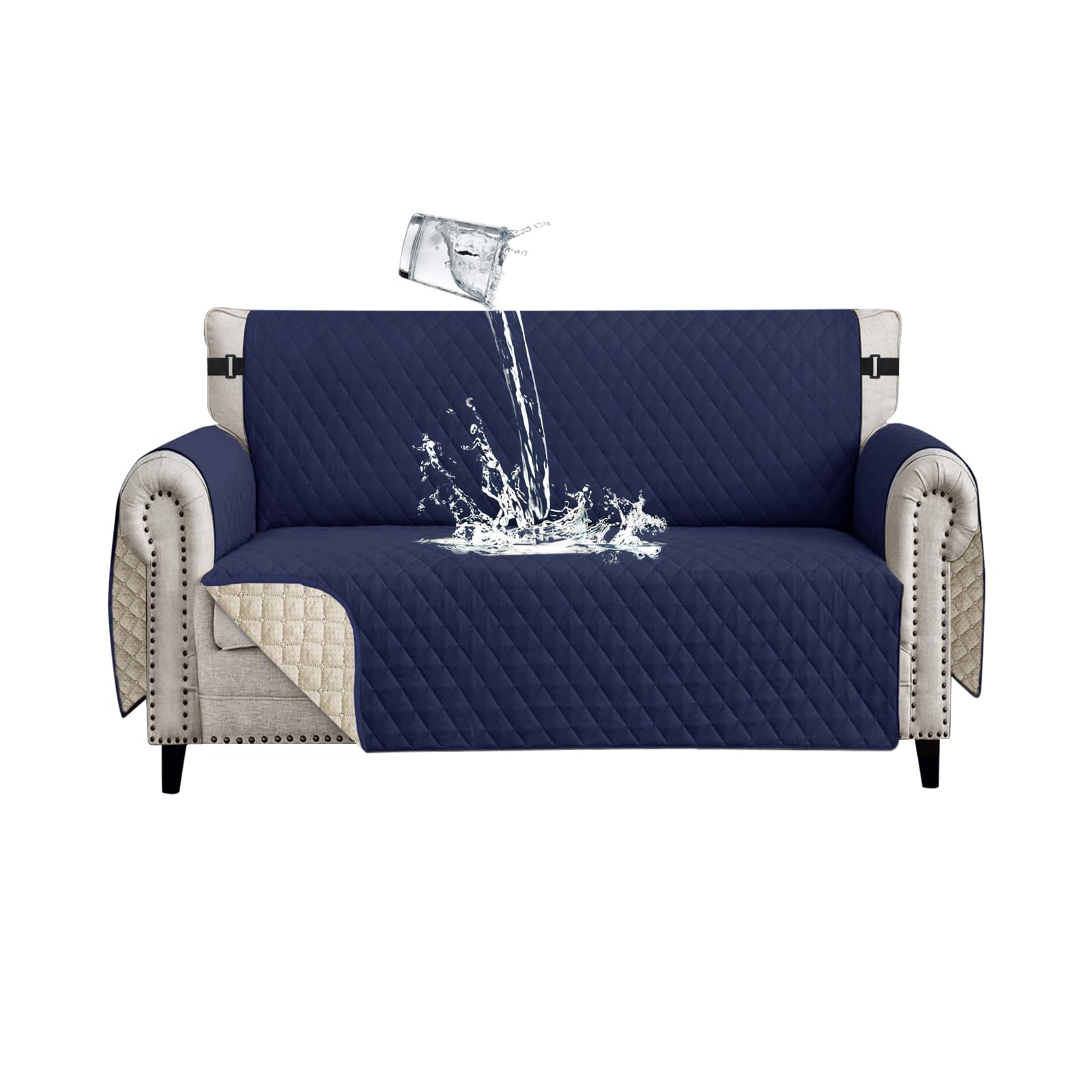 Funda de Sofá Impermeable 2 Plazas Protector de Sofá Antideslizante con Correas Elásticas Fundas de Sofa Universal con Brazos Fundas de Sofapara Mascotas Perros Gatos,Azul Marino