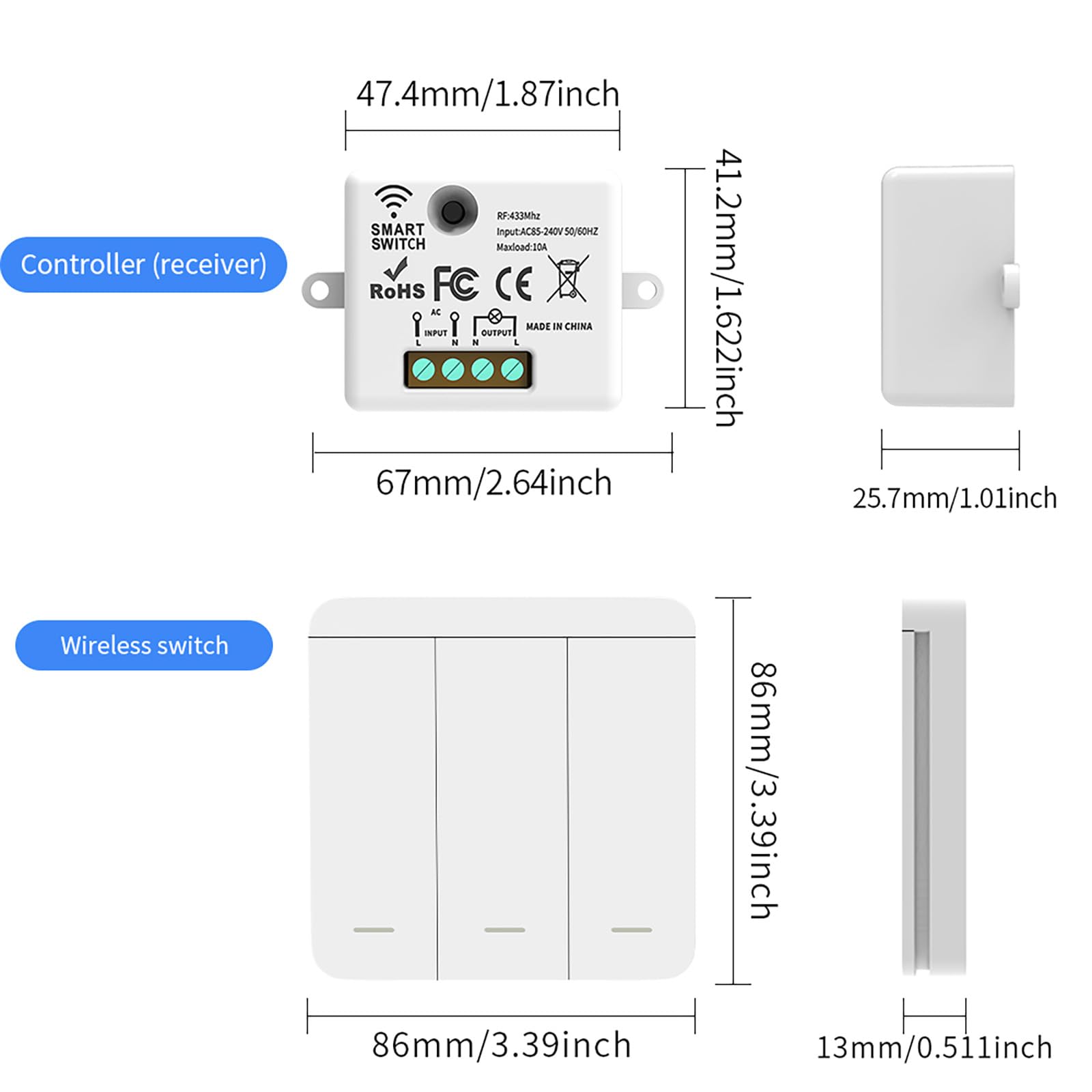 Kit Interruttore Luce Smart WiFi – Ricevitore + Interruttore Wireless, Controllo Remoto Intelligente da telefono compatibile con App Tuya e Google Home/Alexa (3 Ricevitori e 1 Interruttore (3 tasti))