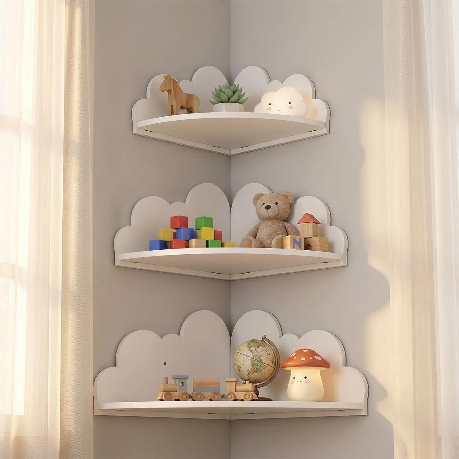 Novabright 3 Pack Cloud Floating Corner Shelves, 9/10/12 Inch Wall Mounted Corner Shelves for Room & Nursery Decor, Cute Cloud Display Shelf for Storage, Plants, Books & Small Decor