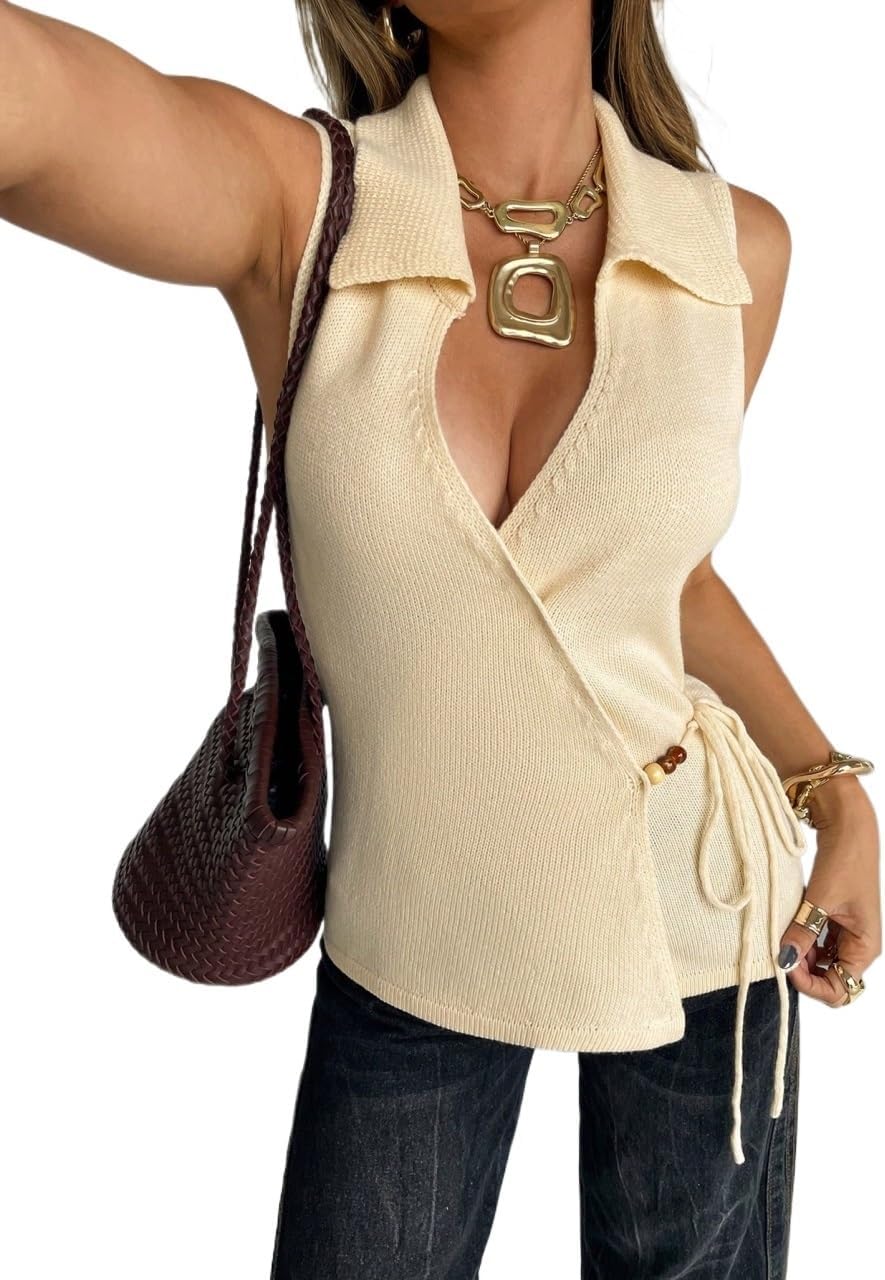 Women Fall Trendy Asymmetric Wrap Knit Sweater Top with Collar Tie Sweater Vest Sweater Vest Top