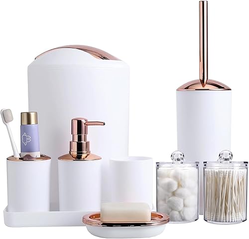 Miniatura 16 de Juego de 25 piezas de accesorios de baño negro y dorado, cortina de ducha y alfombras, basura, cepillo de inodoro, dispensador de jabón, jabonera,