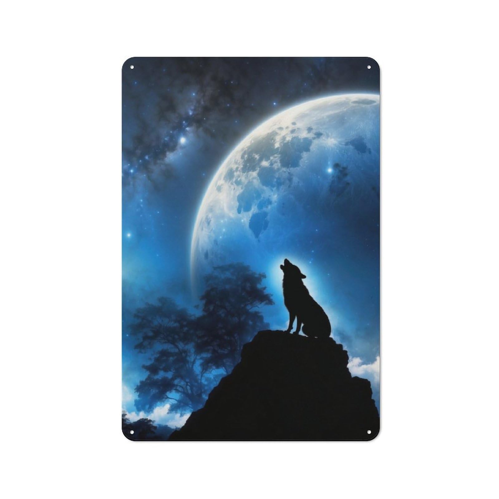 Junmoney Wolf Howling At Moon Rustic Tin Wall Plaque 30X20cm For Garage Or Workshop, For Home Interiors, Feature Walls And Decorative Displays
