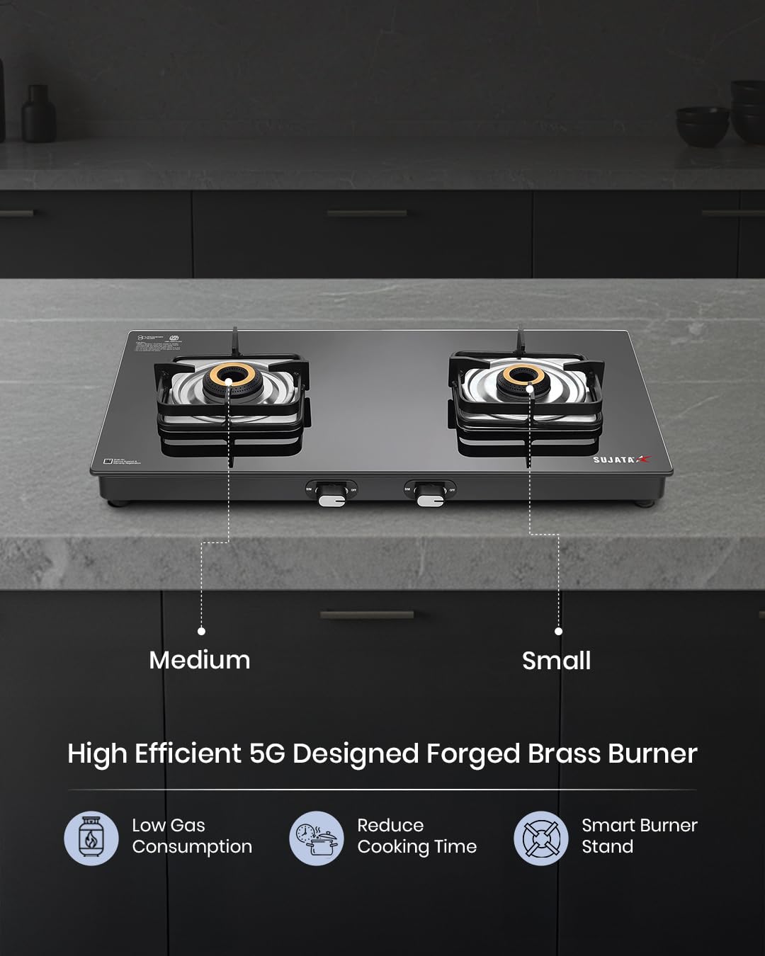 Sujata Classic Gas Stove with labels for medium and small burners.