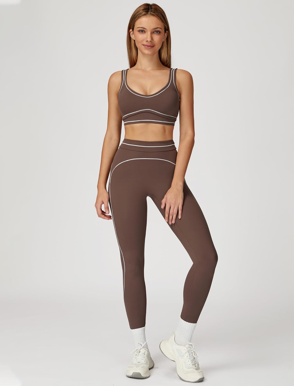 Womens Workout Set Two Piece U Back Color Block Sports Bra Matching High Waist Leggings Gym Work Pilates Outfits - Image 4