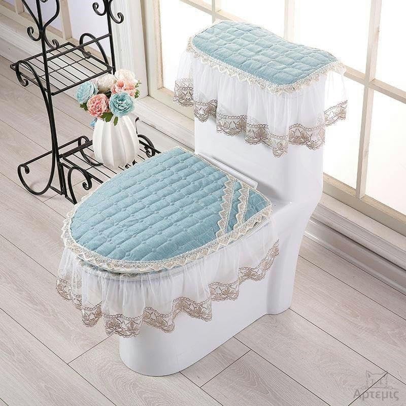 Toilet seat covers Lace Embroidery Toilet Lid Covers, 3pcs/Set Thicken Embroidery Flowers Toilet Lid Cover Set with Pocket Toilet Lid & Tank Covers Toilet Seat Cover Toilet Seat Cushion Pads(Plain Gre
