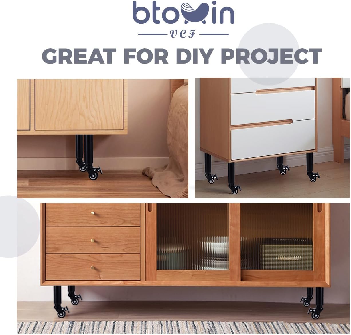 12.4-18 Inch / 31-45cm Adjustable Furniture Legs with Swivel Caster Wheels, 4Pcs Heavy Duty Replacement Support Legs for Cabinet/Storage Shelf/Sofa/Bed/Dresser/Couch/Coffee