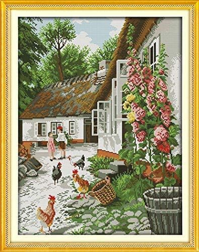 Happy Forever Cross Stitch Kits 11CT Stamped Patterns for Kids and Adults, Preprinted Embroidery kit for Beginner, Outdoor Scenery (F684 Farmyard 2, Size 18''x22'')