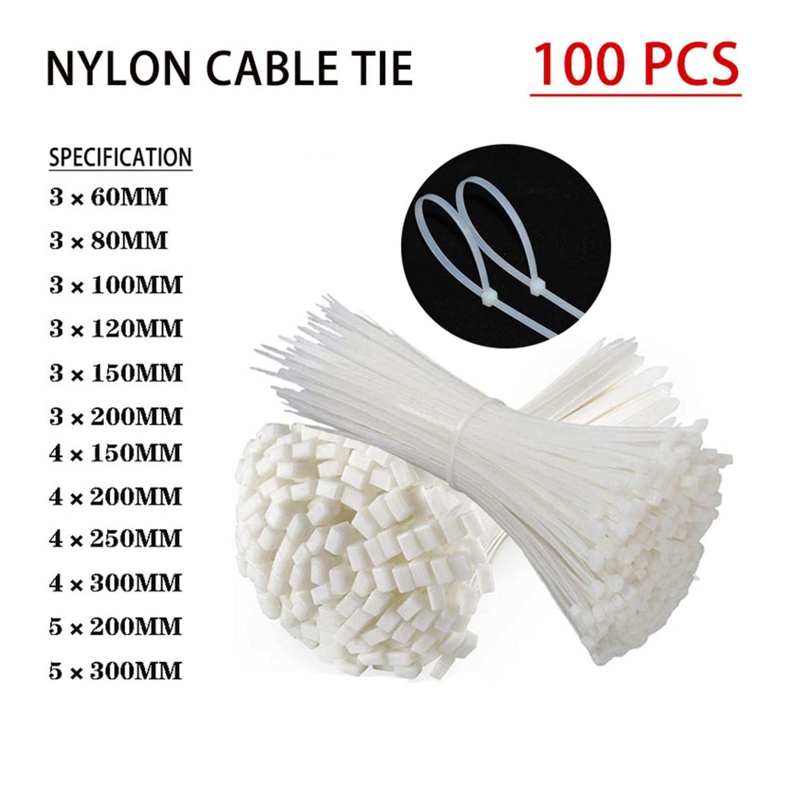 Hebilla de nailon para sujetacables, bridas de nailon autoblocante, 3-5 mm x 60-300 mm, 100 unidades (4 x 300)