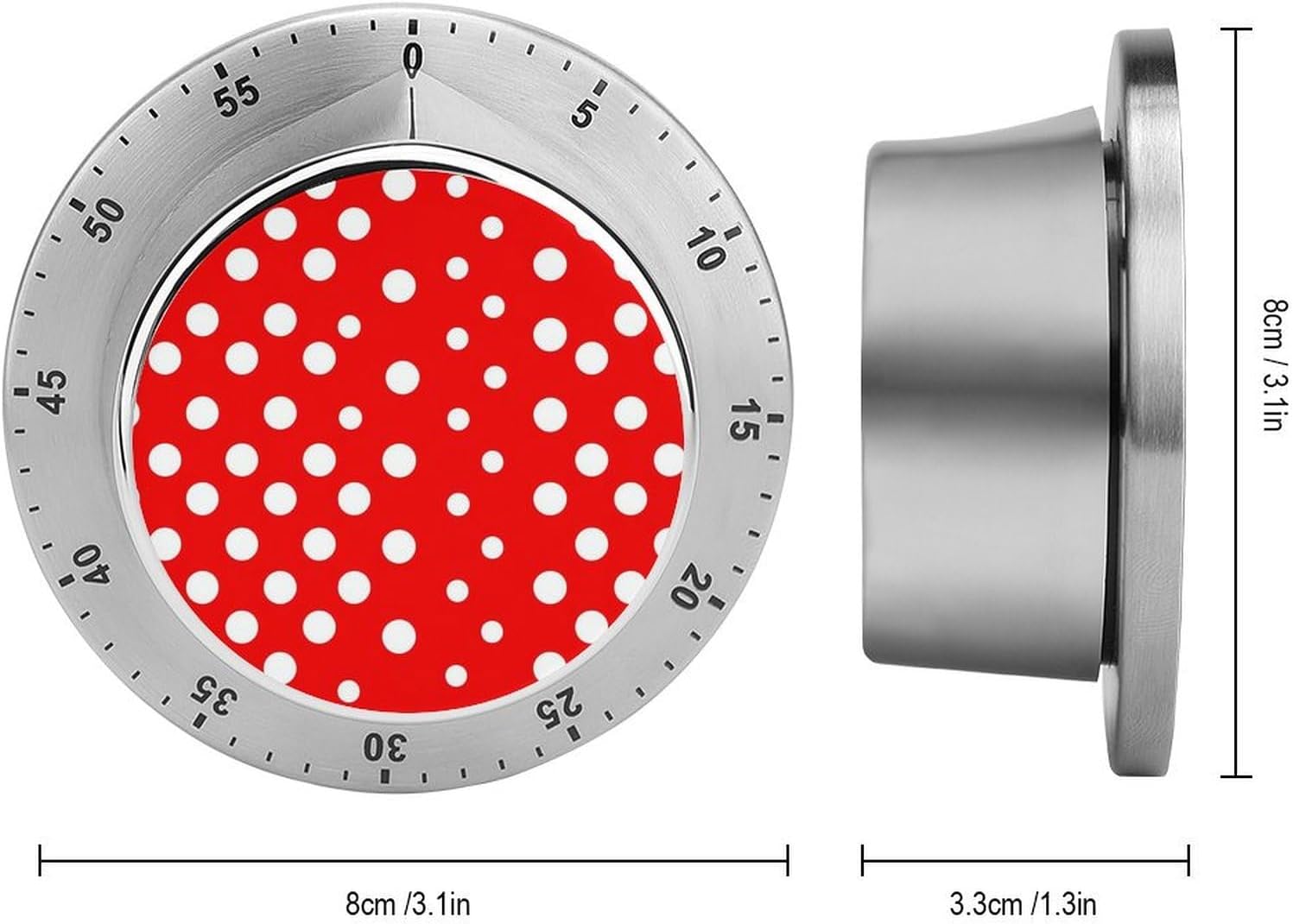 Red White Polka Dot Timer Stainless Steel Kitchen Timers Waterproof & Rust-Proof 60 Minute Mechanical Timer with Loud Alarm for Cooking, Baking, Fitness